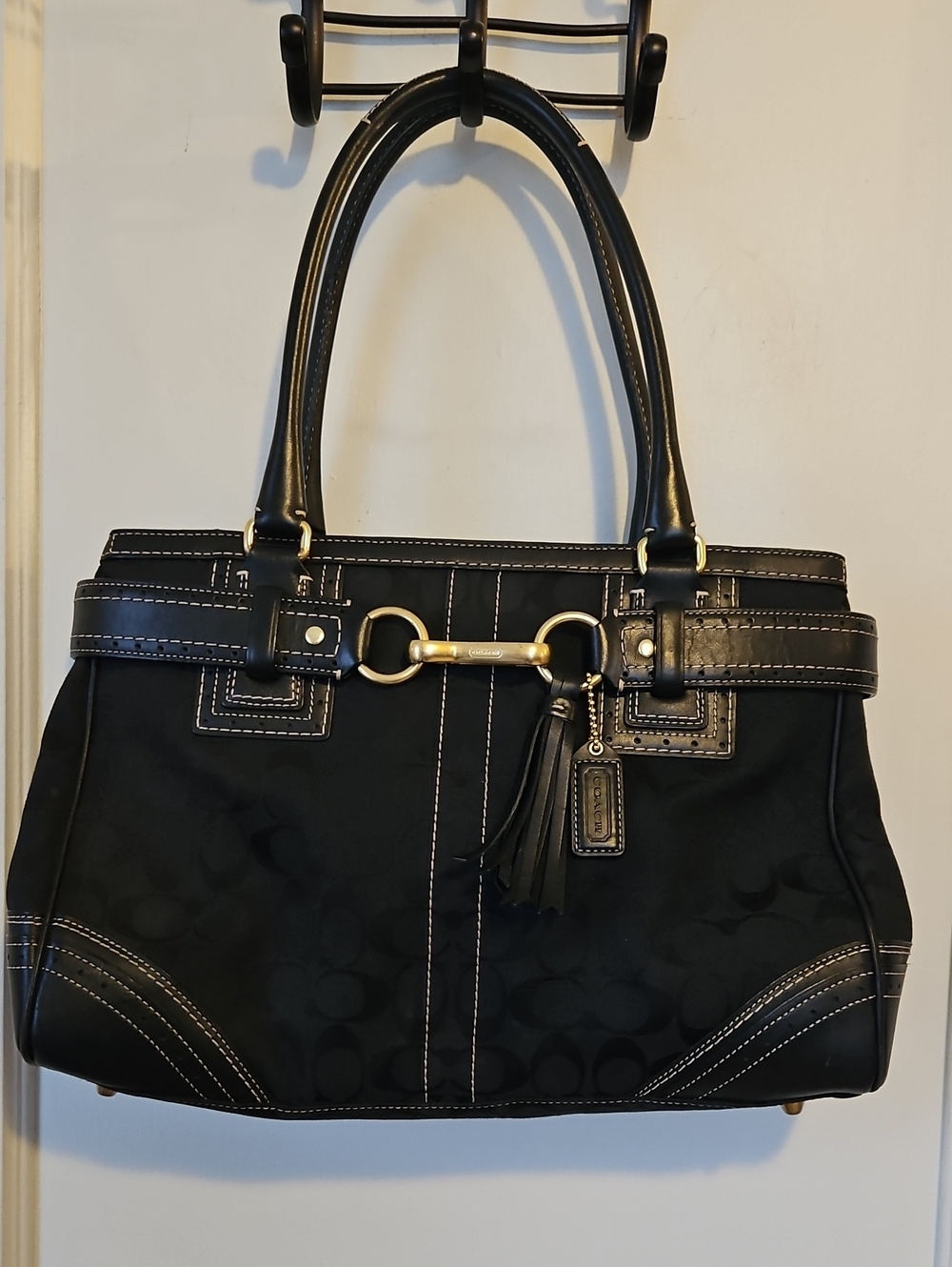Vintage Coach Hampton Black Signature Canvas/ Leather Bag with Brass Hardware